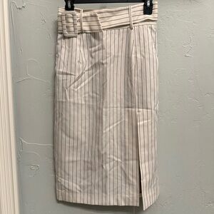 Sara Battaglia White Pinstriped Pencil Skirt with Belted Waist